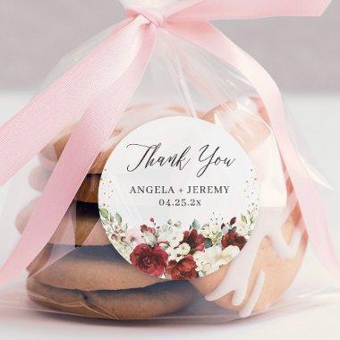 Red White Floral Gold Confetti Wedding Thank You Classic Round Sticker