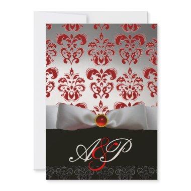 RED WHITE RIBBON & BLACK DAMASK MONOGRAM Ruby Invitations