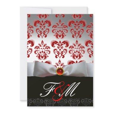 RED WHITE RIBBON & BLACK DAMASK MONOGRAM Ruby Invitations