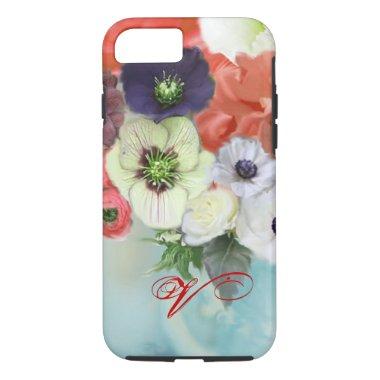 RED WHITE ROSES AND ANEMONE FLOWERS MONOGRAM iPhone 8/7 CASE
