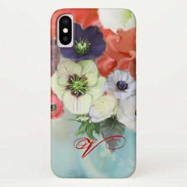 RED WHITE ROSES AND ANEMONE FLOWERS MONOGRAM iPhone X CASE
