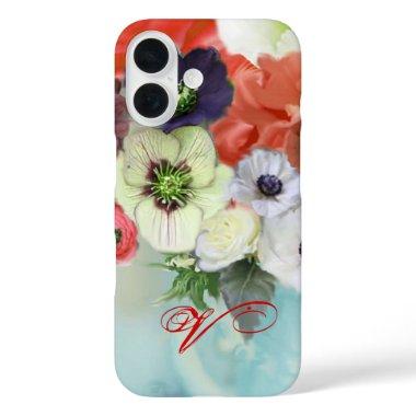 RED WHITE ROSES AND ANEMONE FLOWERS MONOGRAM iPhone 16 CASE