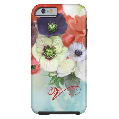 RED WHITE ROSES AND ANEMONE FLOWERS MONOGRAM TOUGH iPhone 6 CASE