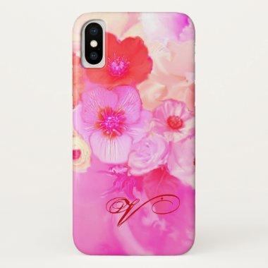 RED WHITE ROSES AND PINK ANEMONE FLOWERS MONOGRAM iPhone X CASE