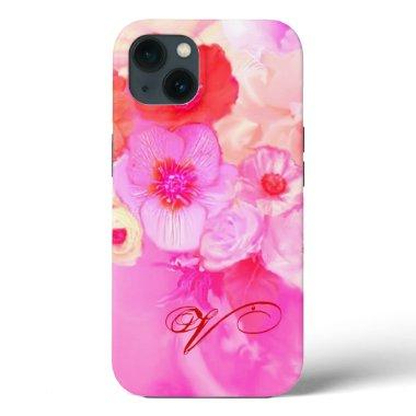 RED WHITE ROSES AND PINK ANEMONE FLOWERS MONOGRAM iPhone 13 CASE