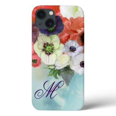 RED WHITE ROSES, BLUE ANEMONE FLOWERS MONOGRAM iPhone 13 CASE