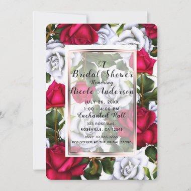 Red & White Roses Shabby Chic Rustic Bridal Shower Invitations