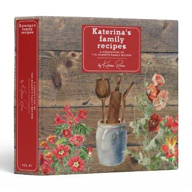 Red Wildflowers Wood Kitchen Utensils Recipe 3 Ring Binder