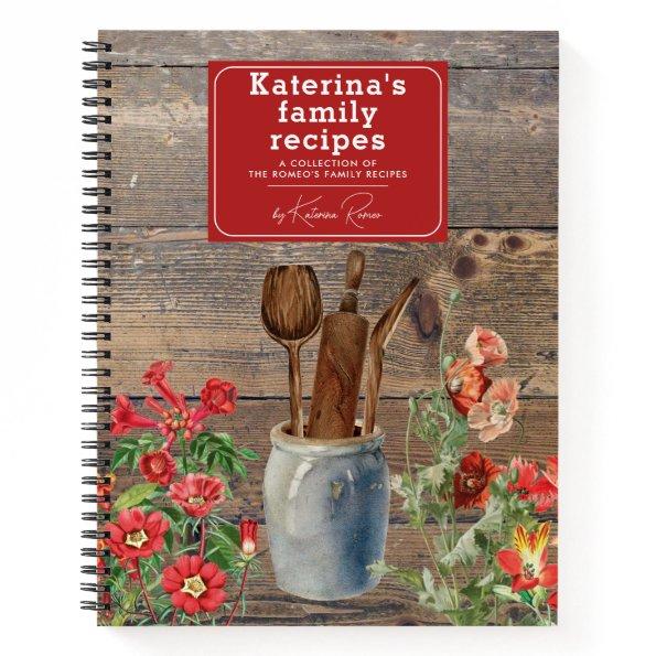 Red Wildflowers Wood Kitchen Utensils Recipe Notebook