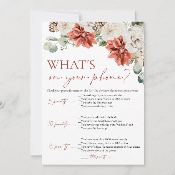 Red Winter What's On Your Phone Bridal Shower Game Invitations