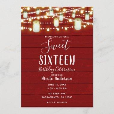 Red Wood & String Lights Country Rustic Sweet 16 Invitations