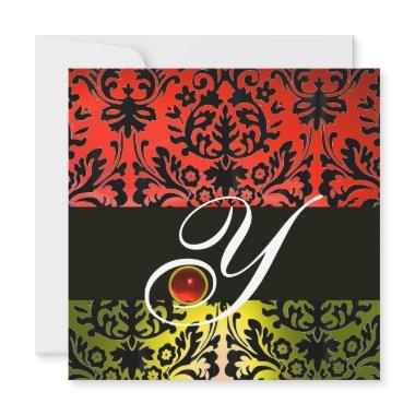 RED YELLOW BLACK DAMASK MONOGRAM Ruby Invitations