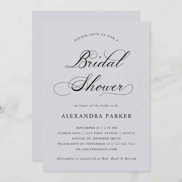 Refined | Calligraphy on Soft Gray Bridal Shower Invitations