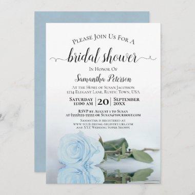 Reflecting Dusty Blue Rose Elegant Bridal Shower Invitations