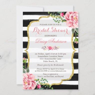 (Registry) Bridal Shower Watercolor Floral Stripes Invitations