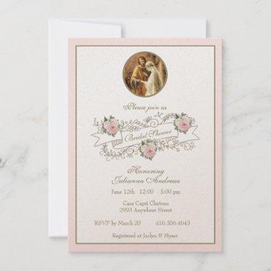 Religious Catholic Bridal Shower Pink Floral Gold Invitations