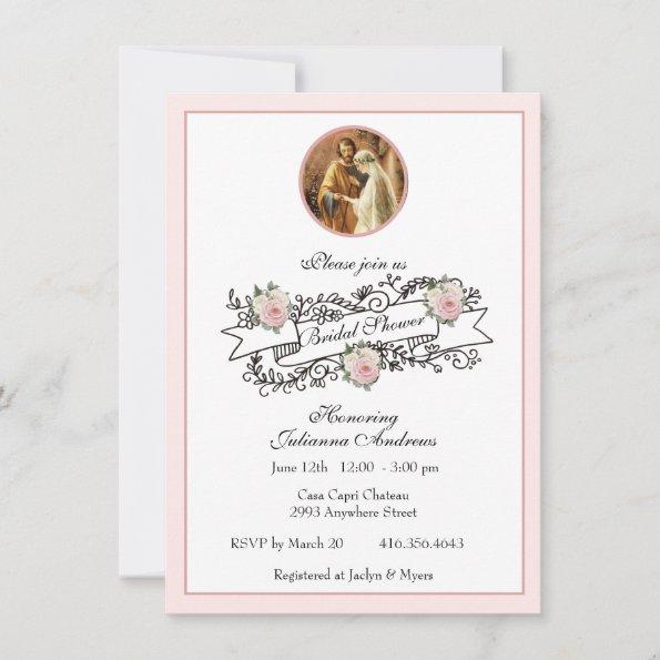Religious Catholic Bridal Shower Pink Floral Invit Invitations