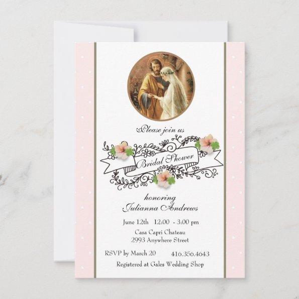 Religious Catholic Bridal Shower Pink Floral Invitations