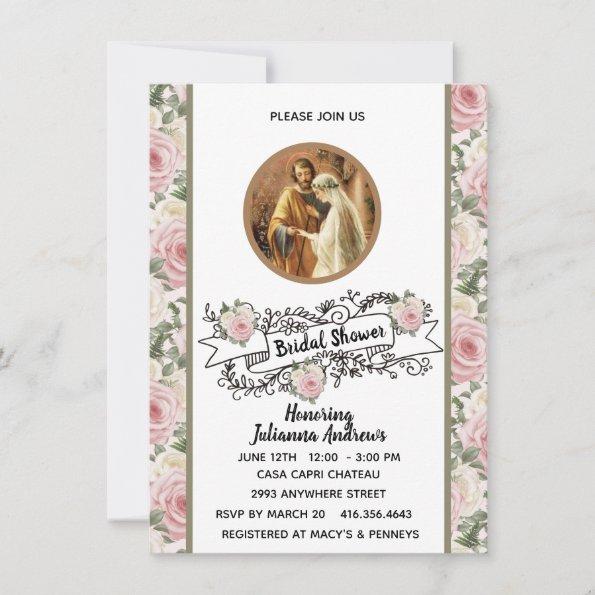 Religious Catholic Bridal Shower Pink Roses Invitations