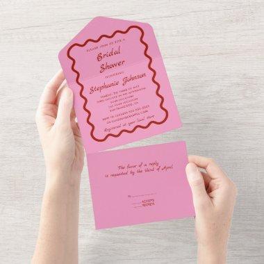 Retro 1950s Wavy Edge Pink and Red Bridal  All In One Invitations