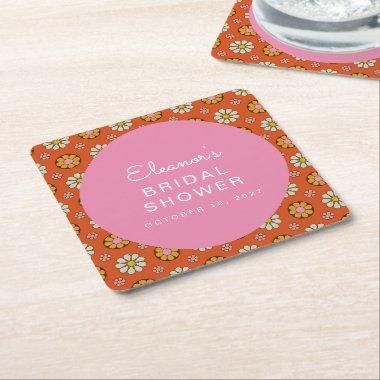Retro 60s Flowers Orange Pink Bridal Shower Custom Square Paper Coaster