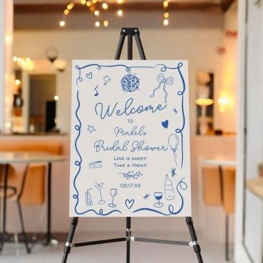 Retro blue hand drawn illustrated bridal shower foam board