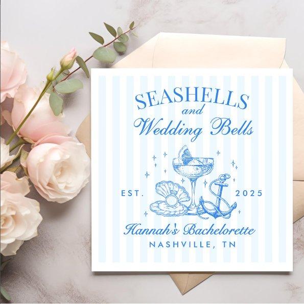 Retro Blue Seashells & Wedding Bells Bachelorette Napkins