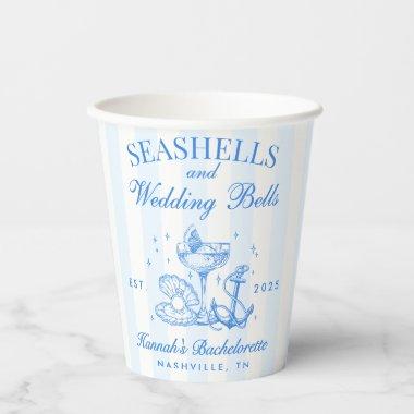 Retro Blue Seashells & Wedding Bells Bachelorette Paper Cups