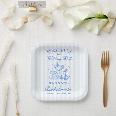 Retro Blue Seashells & Wedding Bells Bachelorette Paper Plates