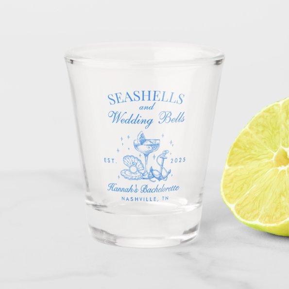 Retro Blue Seashells & Wedding Bells Bachelorette Shot Glass