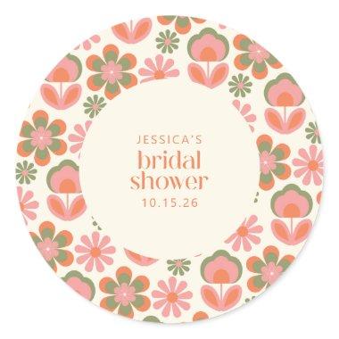 Retro Boho 70s Flowers Pink Green Bridal Shower Classic Round Sticker