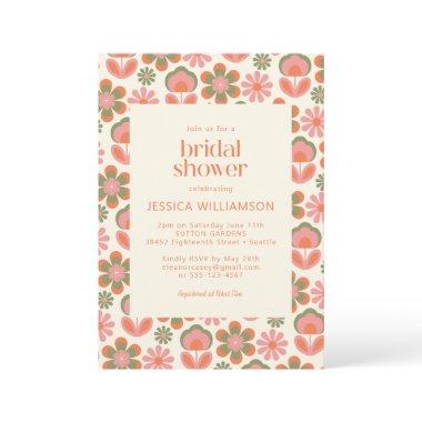 Retro Boho 70s Flowers Pink Green Bridal Shower Invitations