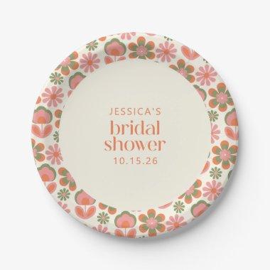 Retro Boho 70s Flowers Pink Green  Paper Plates