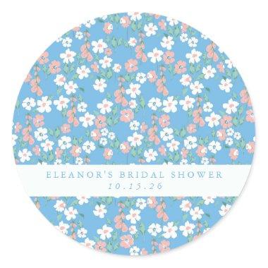 Retro Boho Blue Ditsy Floral Custom Bridal Shower Classic Round Sticker