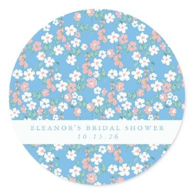 Retro Boho Blue Ditsy Floral Custom Bridal Shower Classic Round Sticker