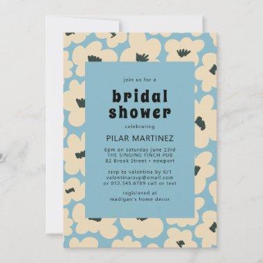 Retro Boho Blue White Floral Bridal Shower Invitations