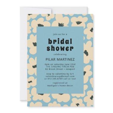 Retro Boho Blue White Floral Bridal Shower Invitations