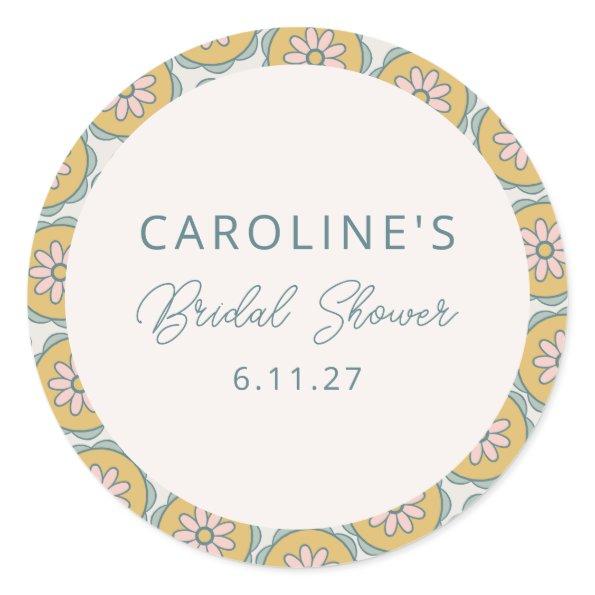 Retro Boho Floral Yellow Custom Bridal Shower Classic Round Sticker