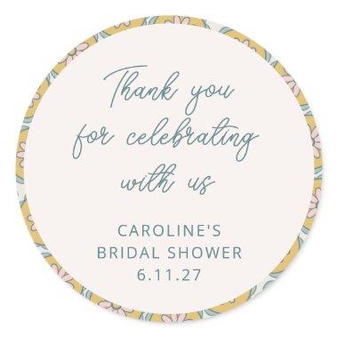 Retro Boho Floral Yellow Custom Shower Thank You Classic Round Sticker