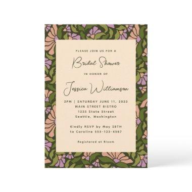 Retro Boho Green Botanical Groovy Bridal Shower Invitations