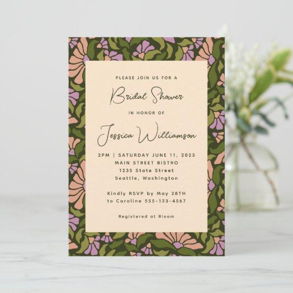 Retro Boho Green Botanical Groovy Bridal Shower Invitations