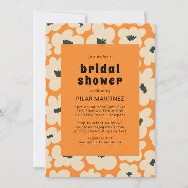 Retro Boho Orange White Floral Bridal Shower Invitations