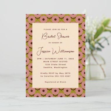 Retro Boho Pink Green Flower Groovy Bridal Shower Invitations