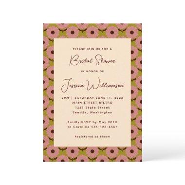 Retro Boho Pink Green Flower Groovy Bridal Shower Invitations