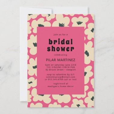 Retro Boho Pink White Black Floral Bridal Shower Invitations