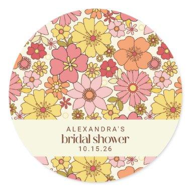 Retro Boho Pink Yellow Floral  Custom Classic Round Sticker