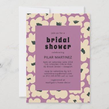 Retro Boho Purple White Black Floral Bridal Shower Invitations