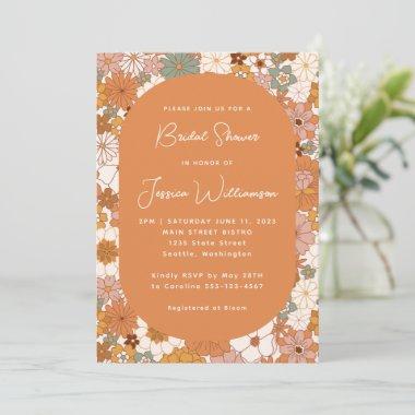 Retro Boho Terracotta Floral Trendy Bridal Shower Invitations