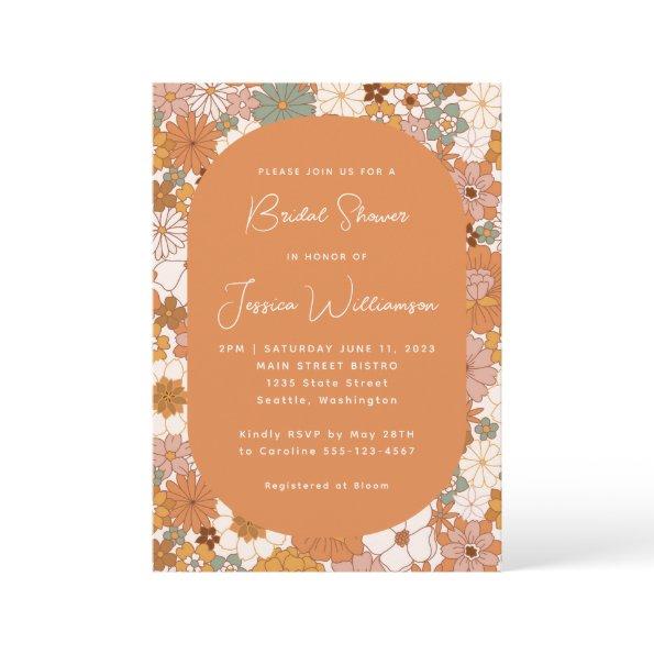 Retro Boho Terracotta Floral Trendy Bridal Shower Invitations