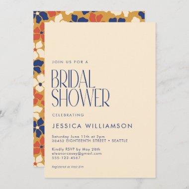 Retro Botanical Blue Yellow Floral Bridal Shower Invitations
